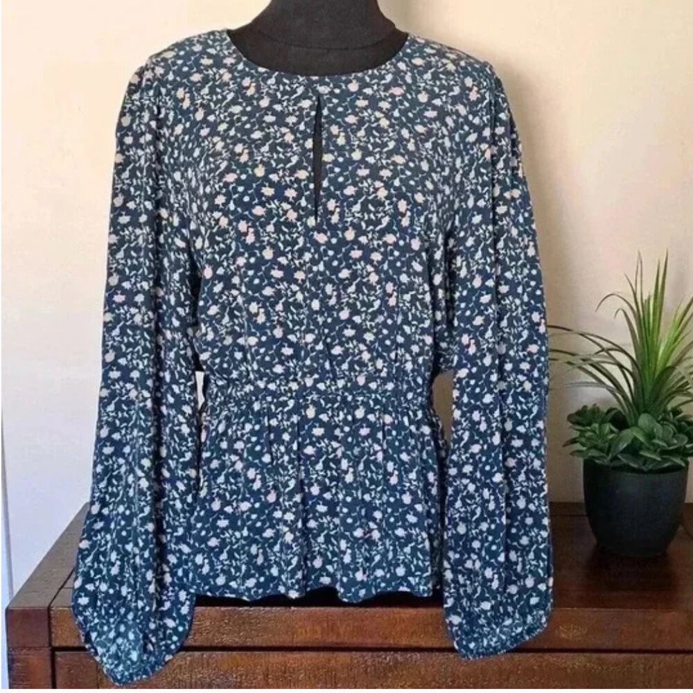 Banana Republic Floral Long Sleeve Elastic Waist Peplum Top  Blue Blouse M